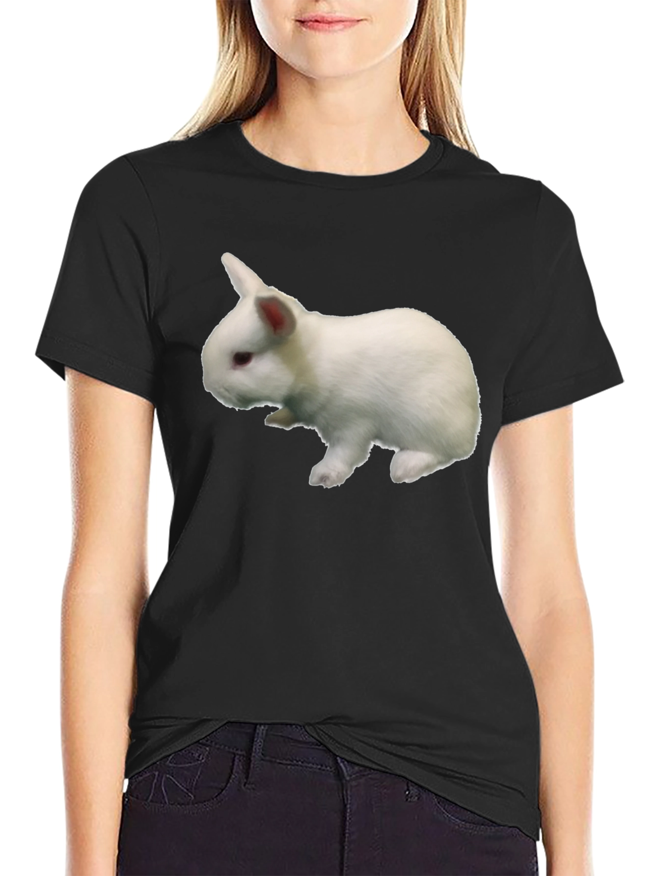 Black T-Shirt with White Rabbit Graphic Print