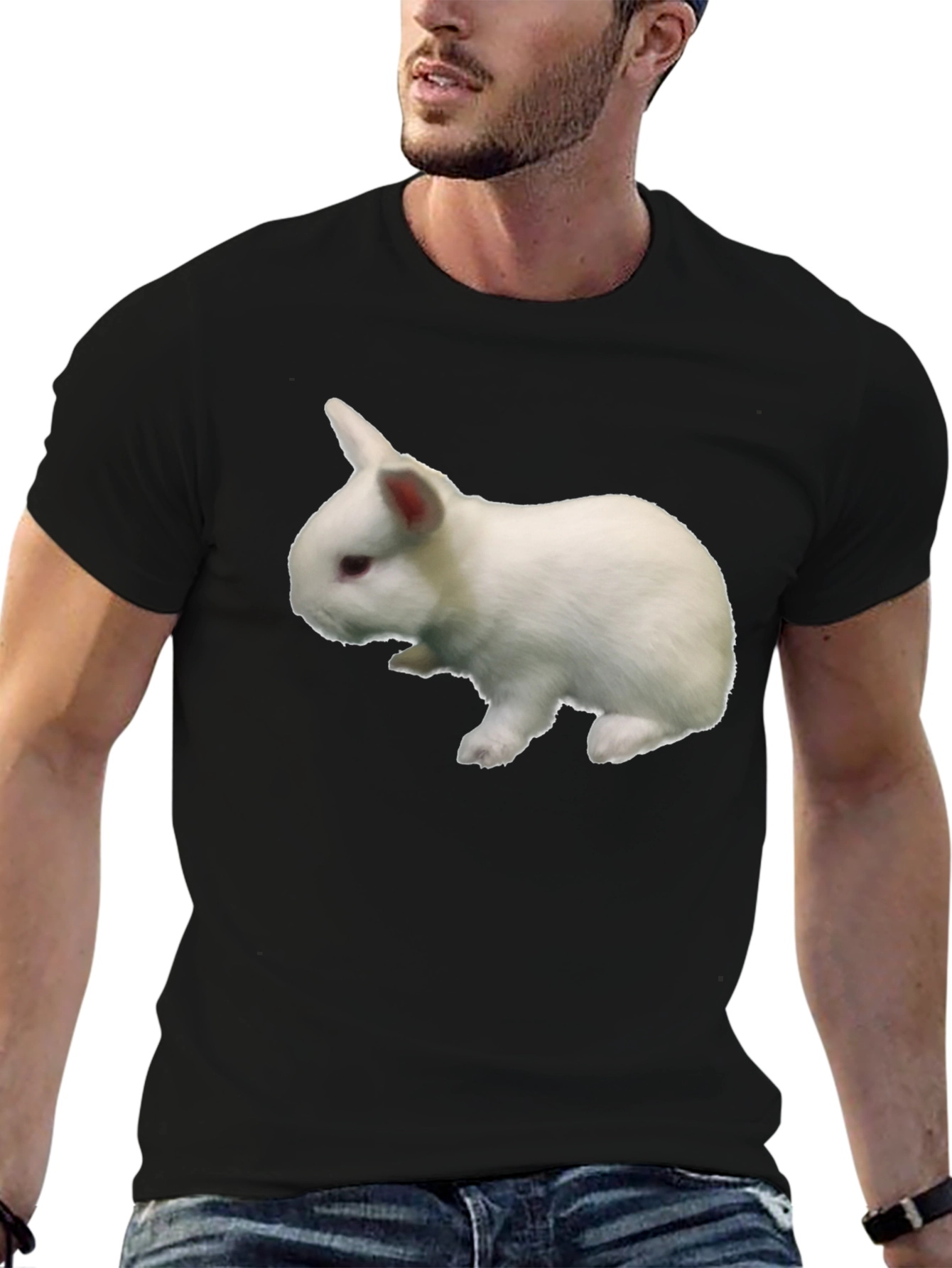 Black T-Shirt with White Rabbit Graphic Print