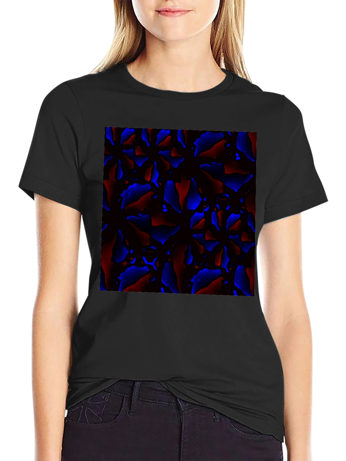 Abstract Red and Blue Patterned Black T-Shirt