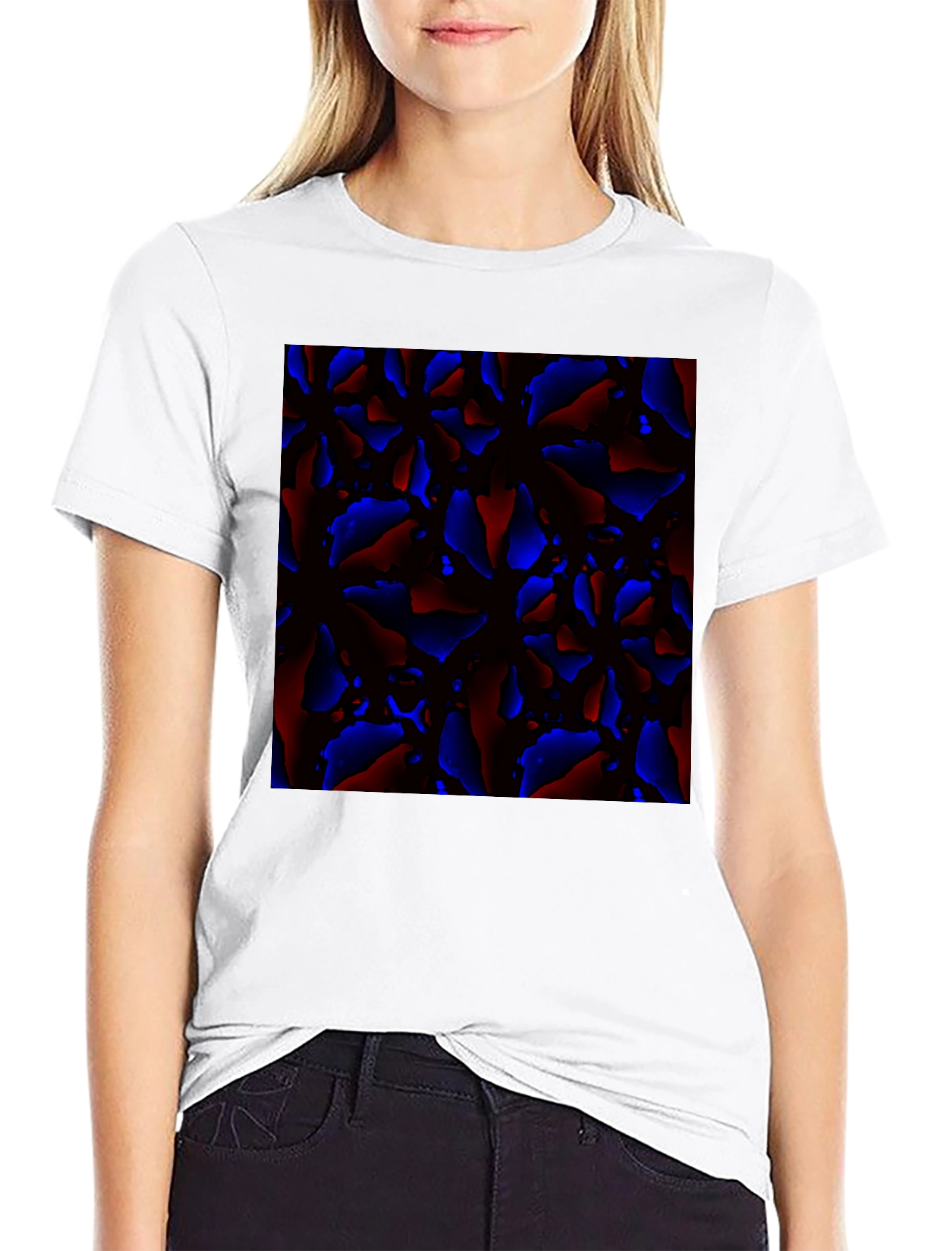 Abstract Red and Blue Patterned Black T-Shirt