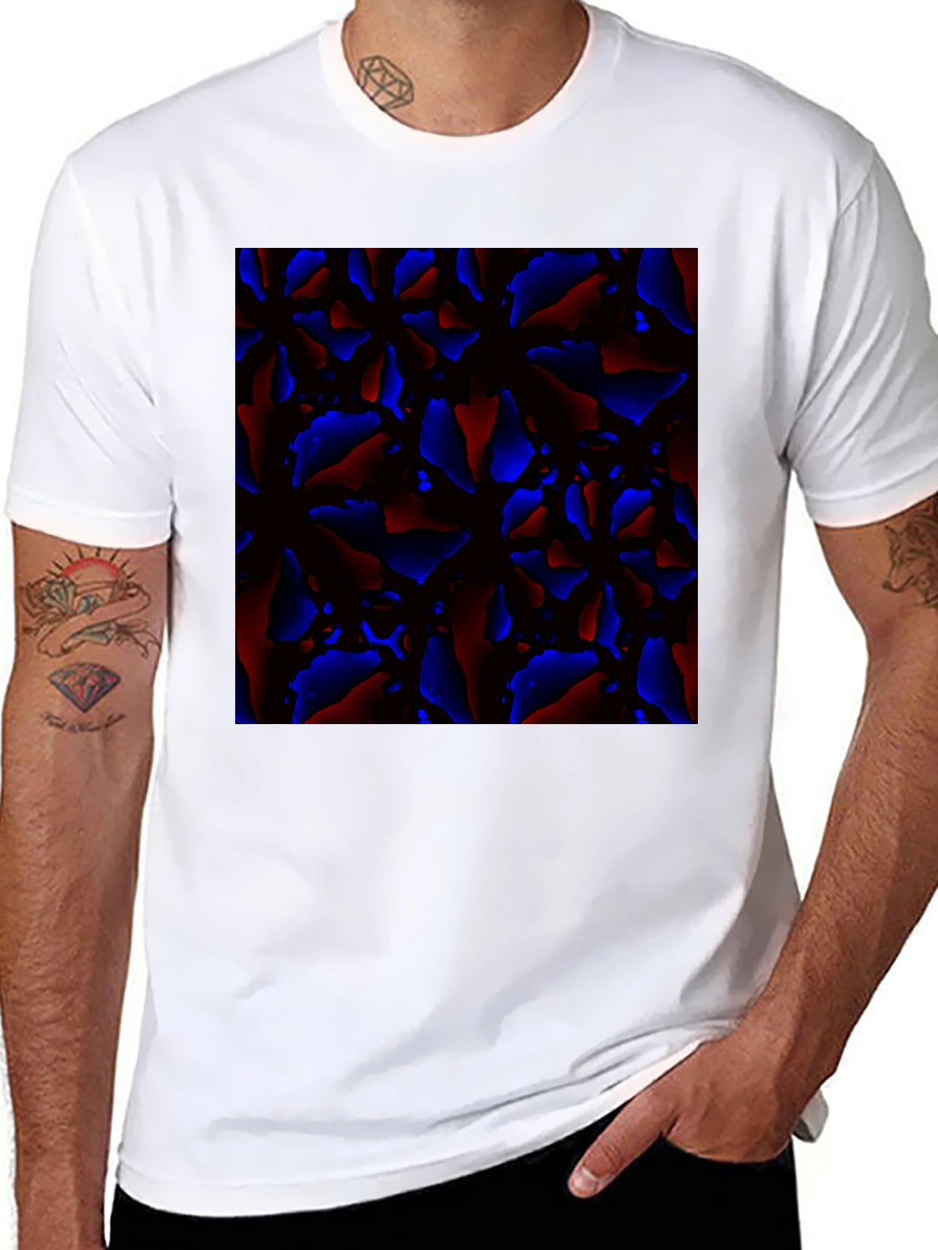 Abstract Red and Blue Patterned Black T-Shirt