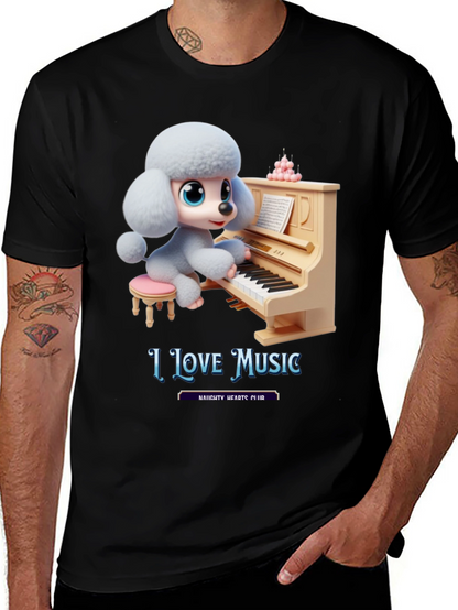 I Love Music T-Shirt - Cute Dog Playing Piano