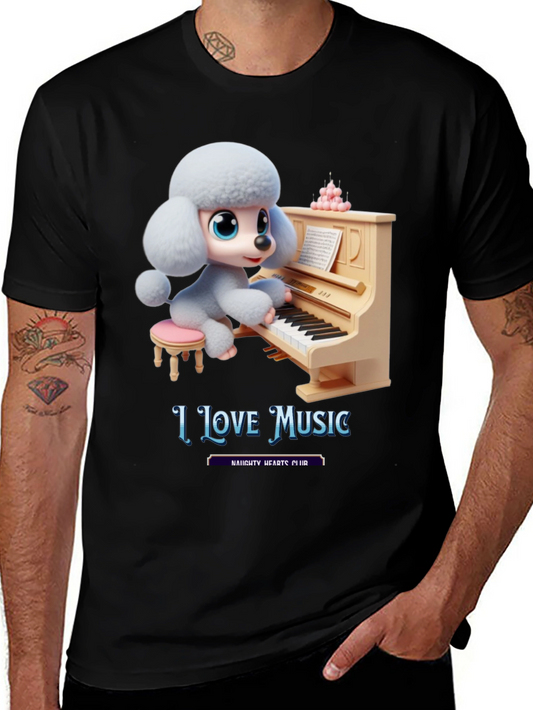 I Love Music T-Shirt - Cute Dog Playing Piano