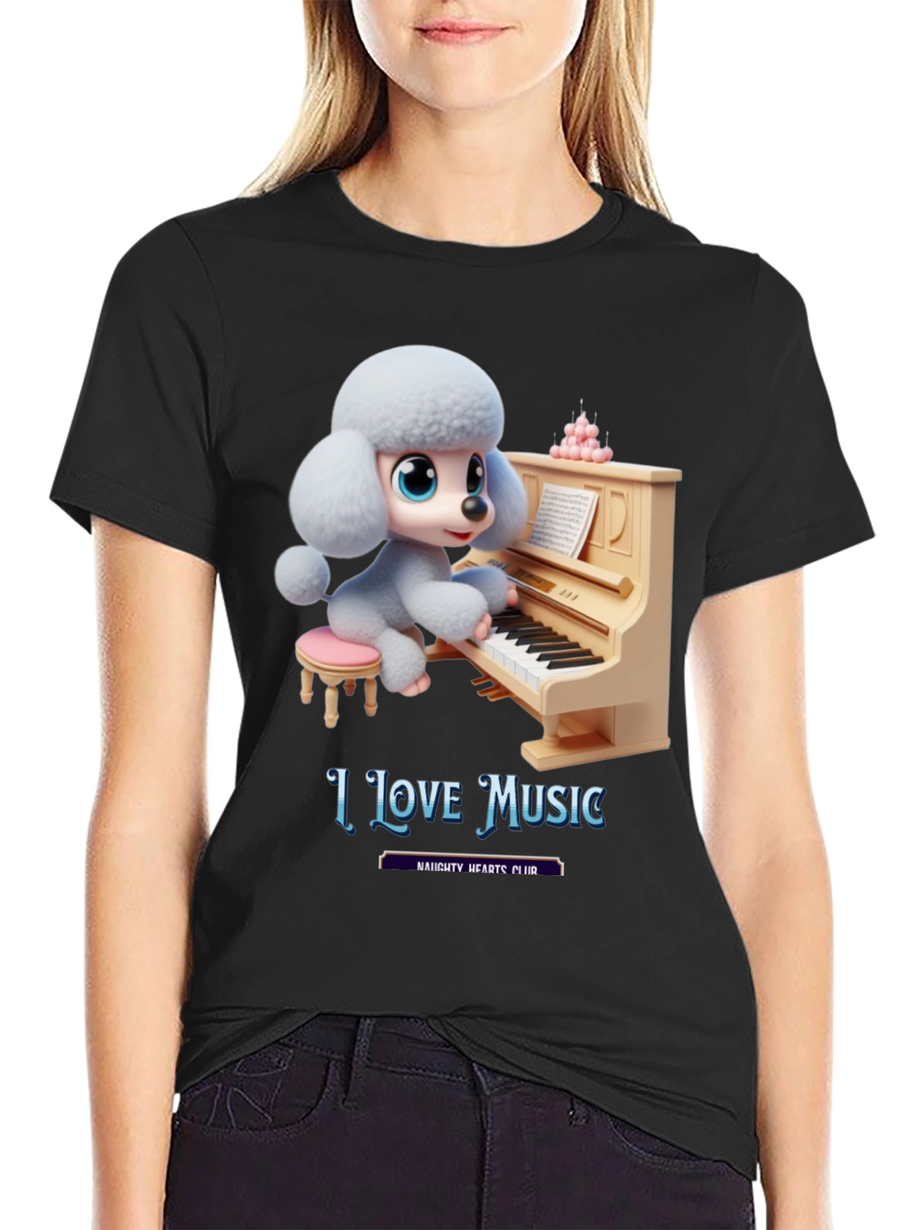 I Love Music T-Shirt - Cute Dog Playing Piano