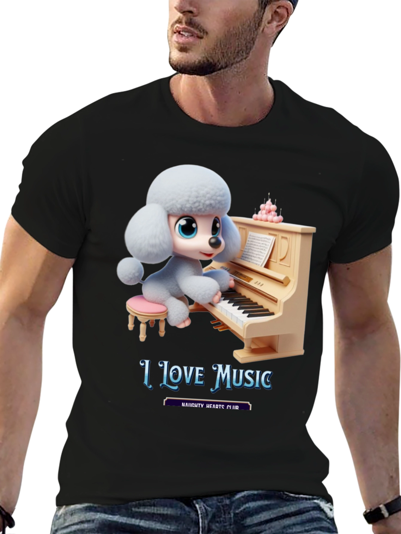 I Love Music T-Shirt - Cute Dog Playing Piano