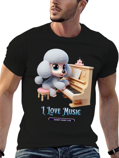 I Love Music T-Shirt - Cute Dog Playing Piano