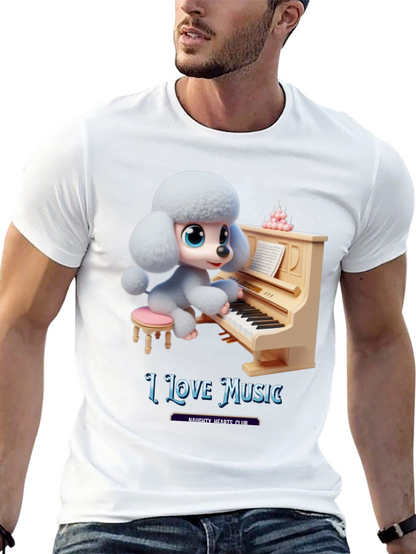 I Love Music T-Shirt - Cute Dog Playing Piano