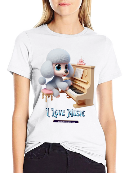 I Love Music T-Shirt - Cute Dog Playing Piano