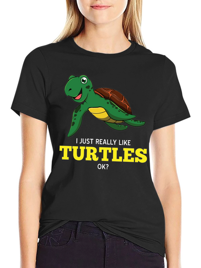 I Just Really Like Turtles Black Graphic T-Shirt